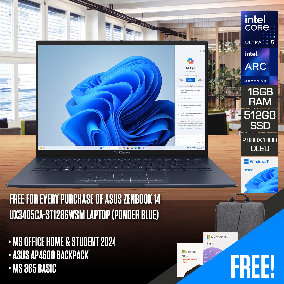 ASUS Zenbook 14 UX3405CA-ST1286WSM Laptop (Ponder Blue)